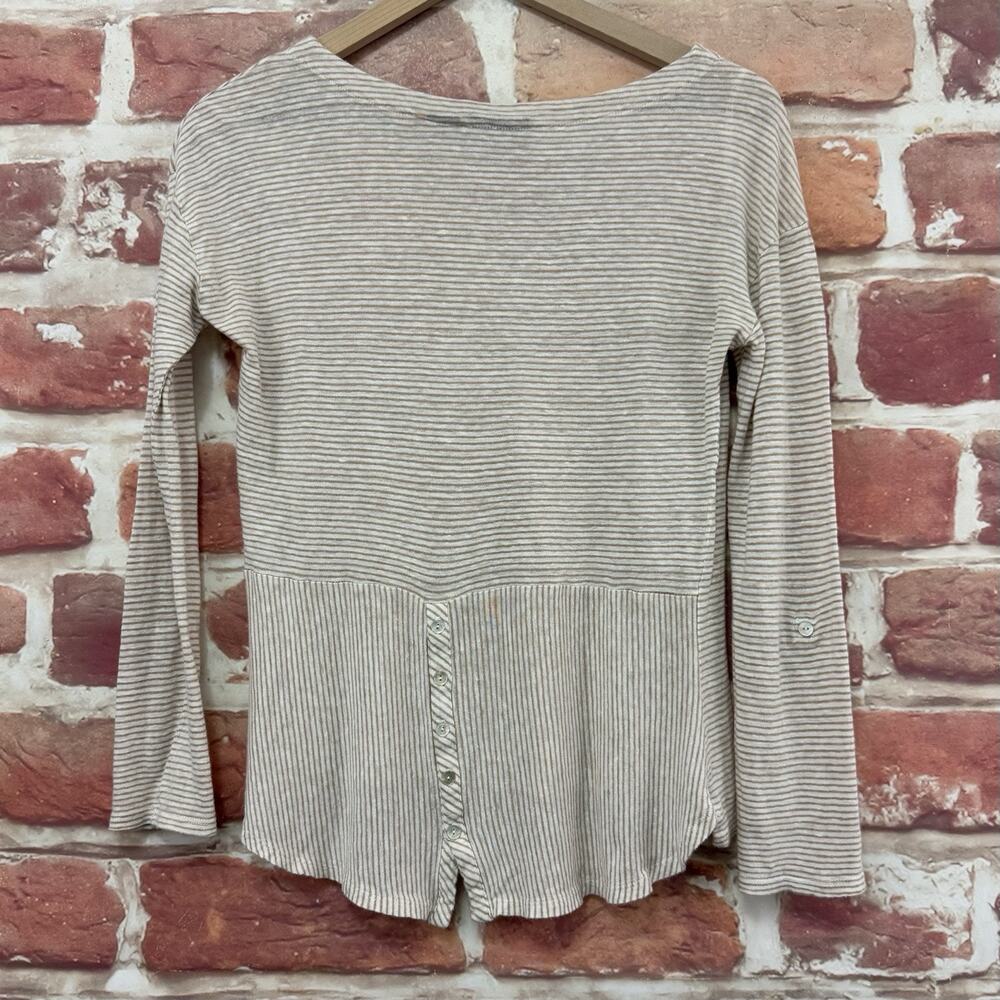 Adrienne Vittadini Top Women's XS Brown Striped 100% Linen Button Back Shirt - Picture 4 of 8